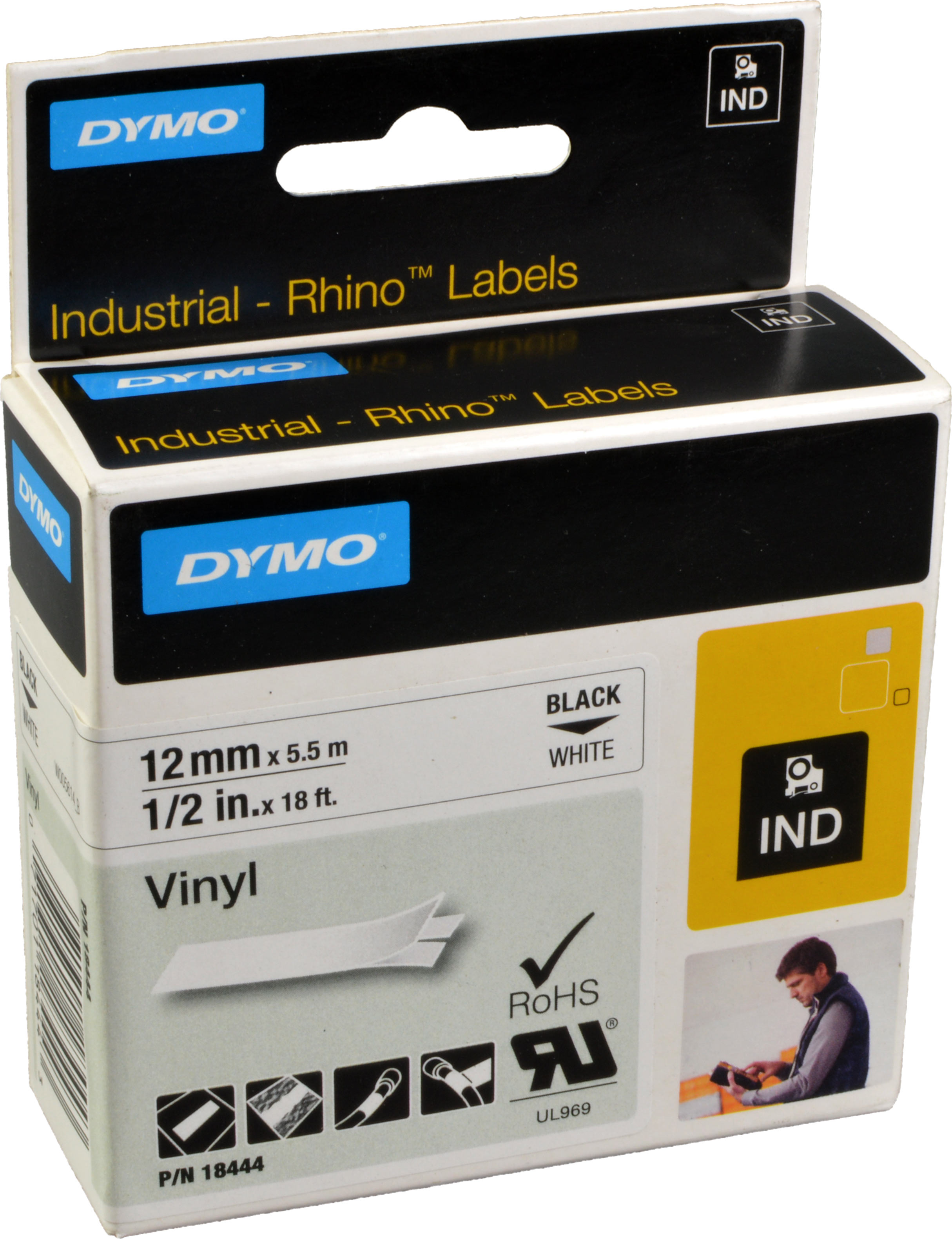 Dymo Originalband 18444  schwarz auf weiß  12mm x 5,5m  Vinyl