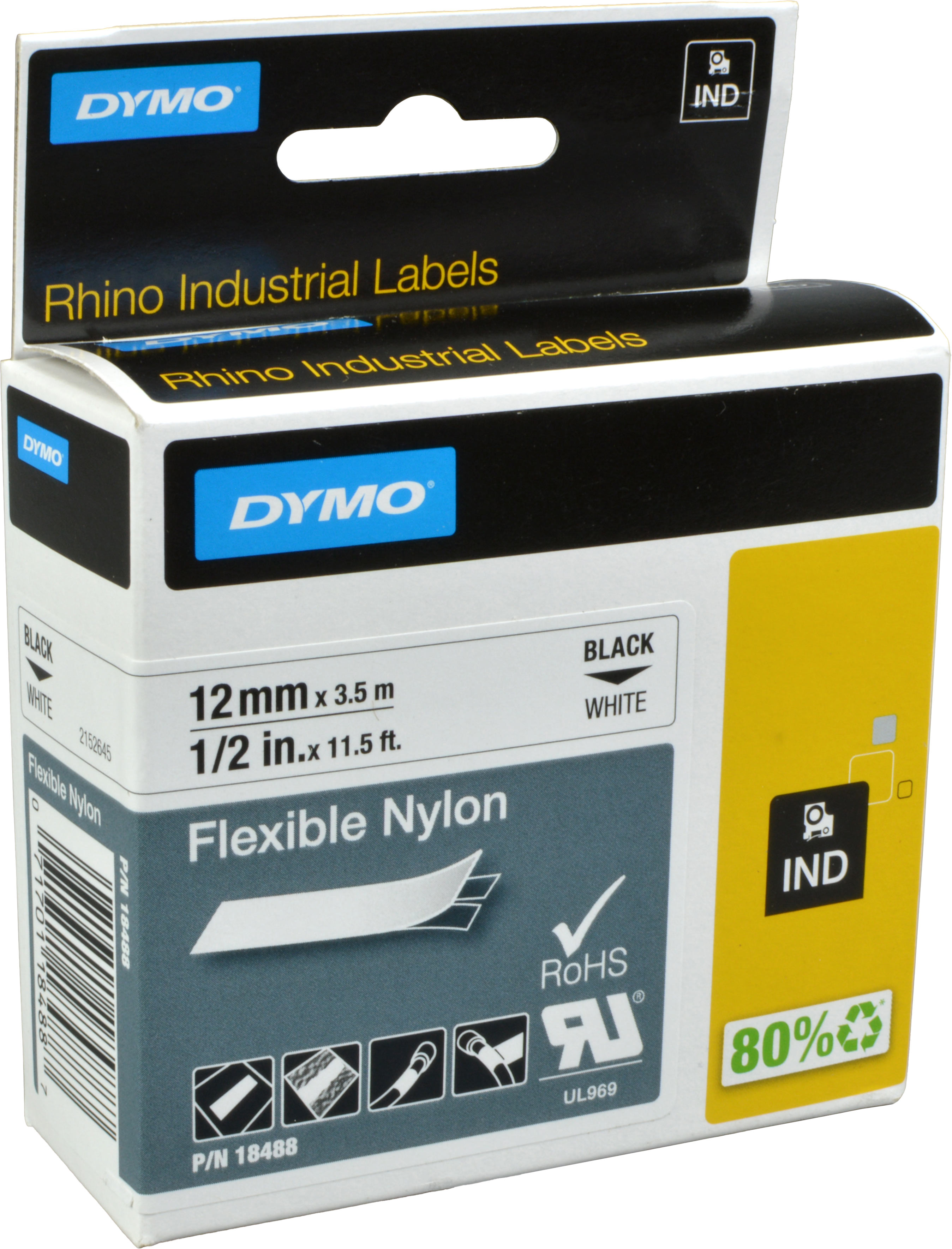 Dymo Originalband 18488  schwarz auf weiß  12mm x 3,5m  Nylon flexibel