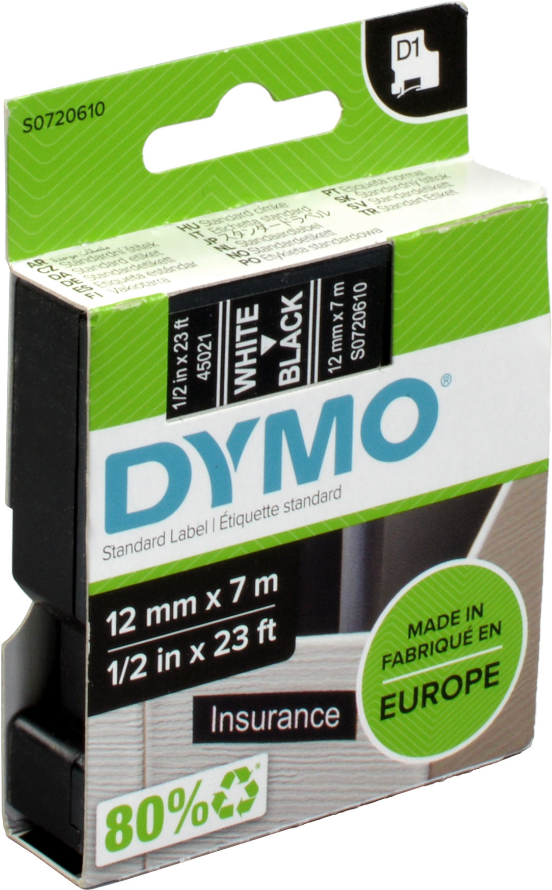 Dymo Originalband 45021  weiß auf schwarz  12mm x 7m