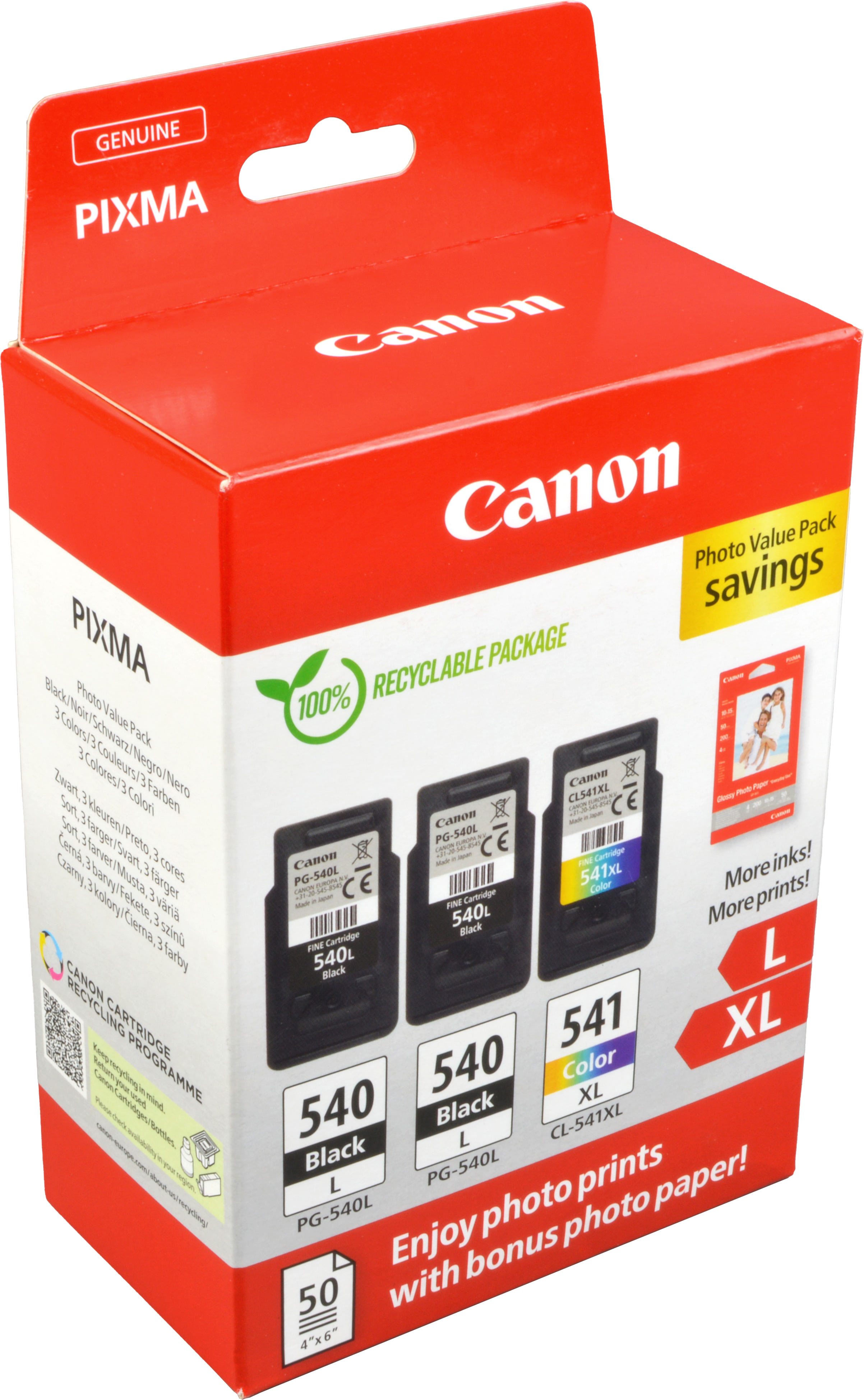 3 Canon Tinten 5224B015 Photo Value Pack 2 x PG-540L + 1 x CL-541XL