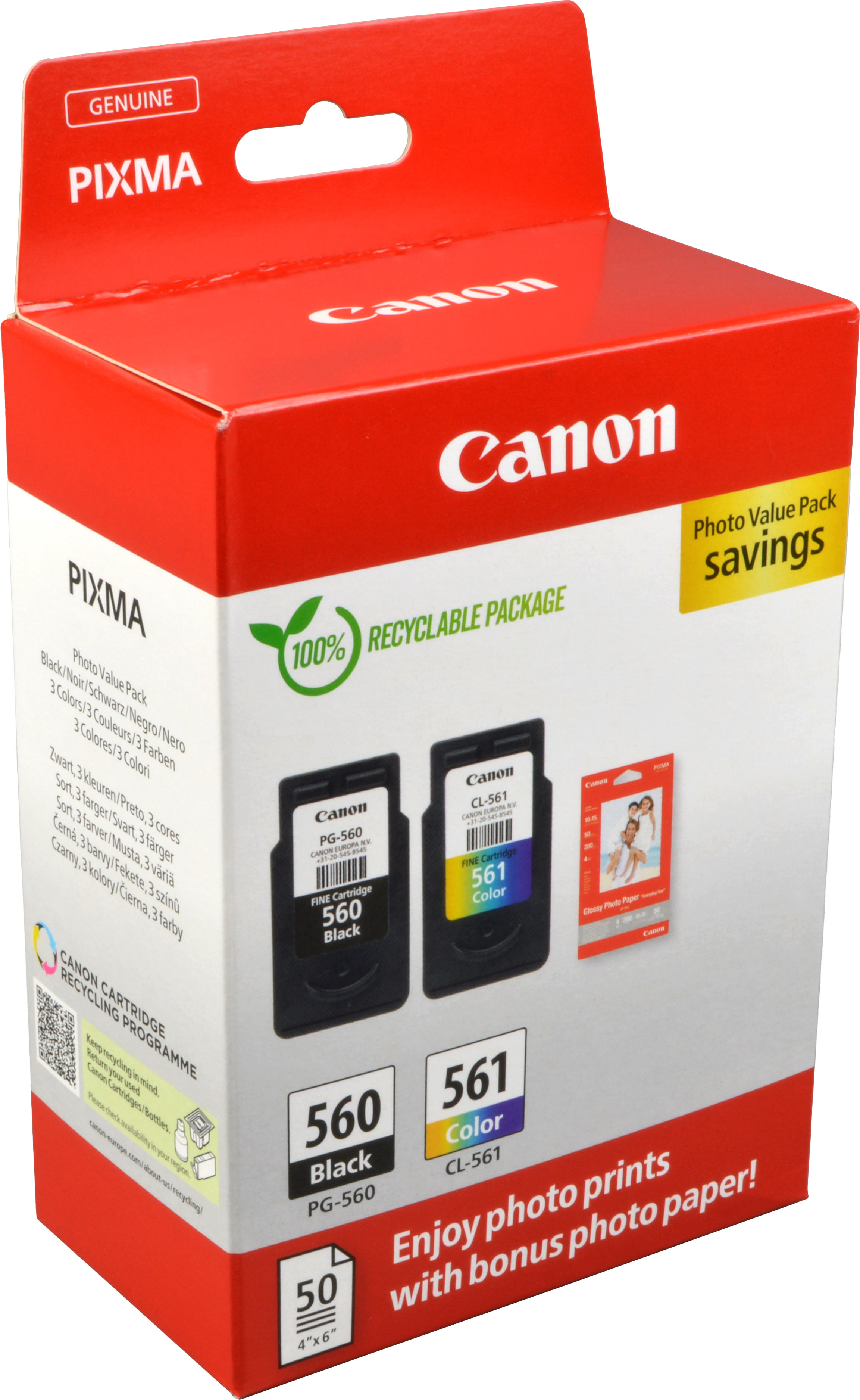 2 Canon Tinten 3713C008 Value Pack PG-560 + CL-561 4-farbig + Papier