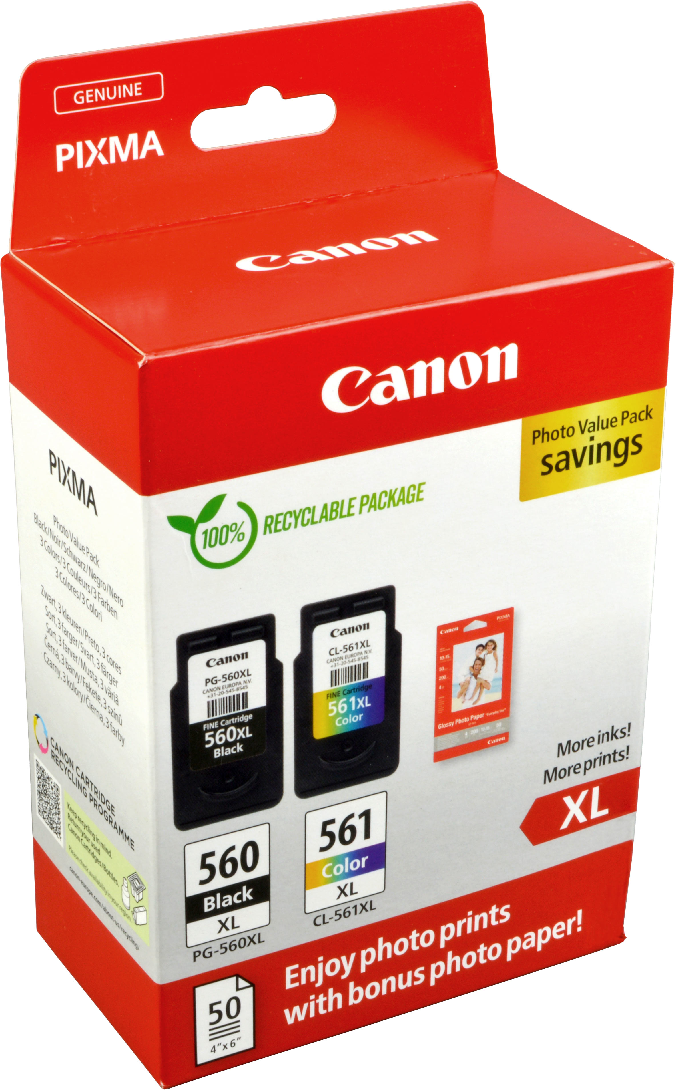 2 Canon Tinten 3712C004  PG-560XL + CL-561XL  4-farbig + Papier