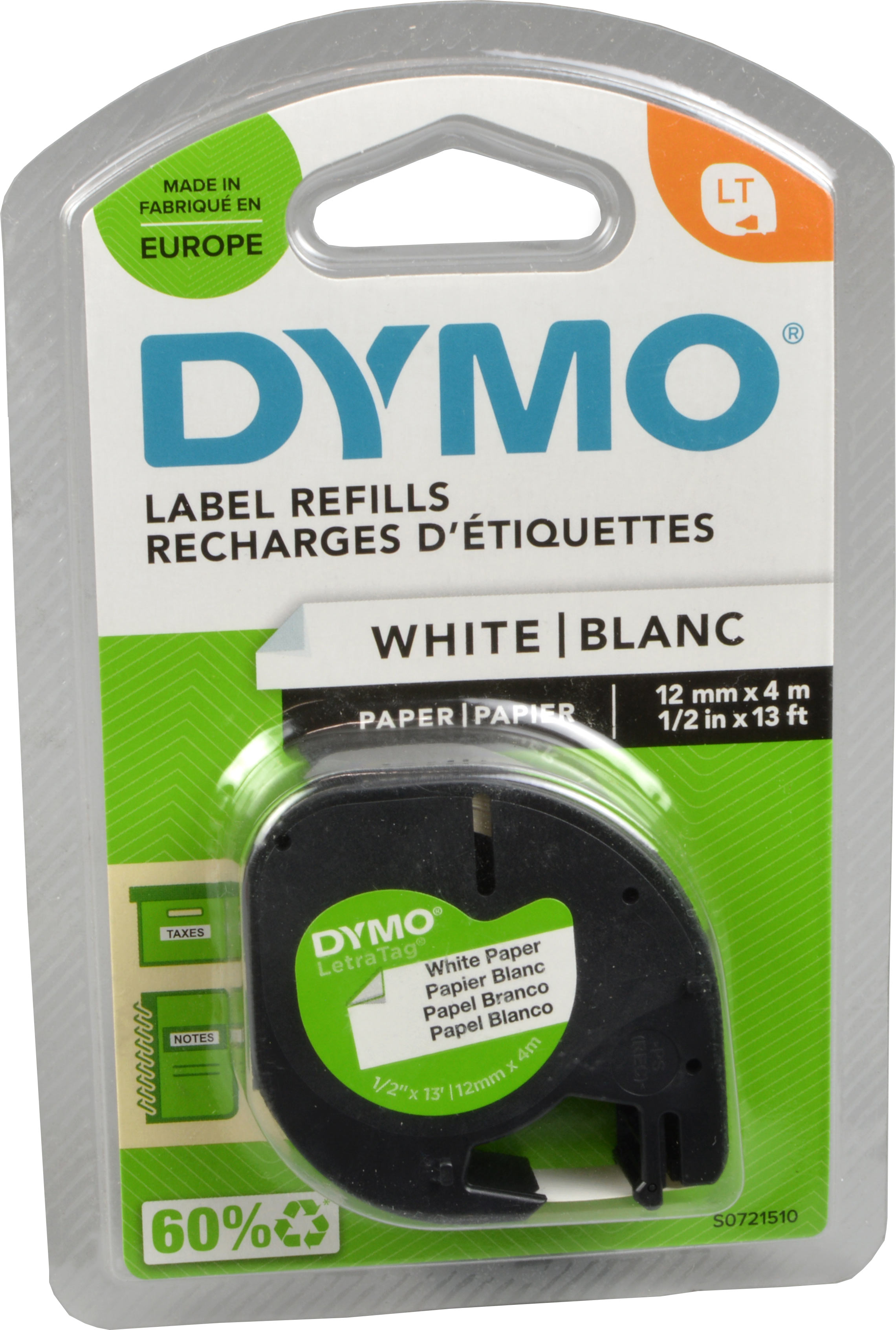 Dymo Label Refills S0721510  schwarz auf weiß  12mm x 4m